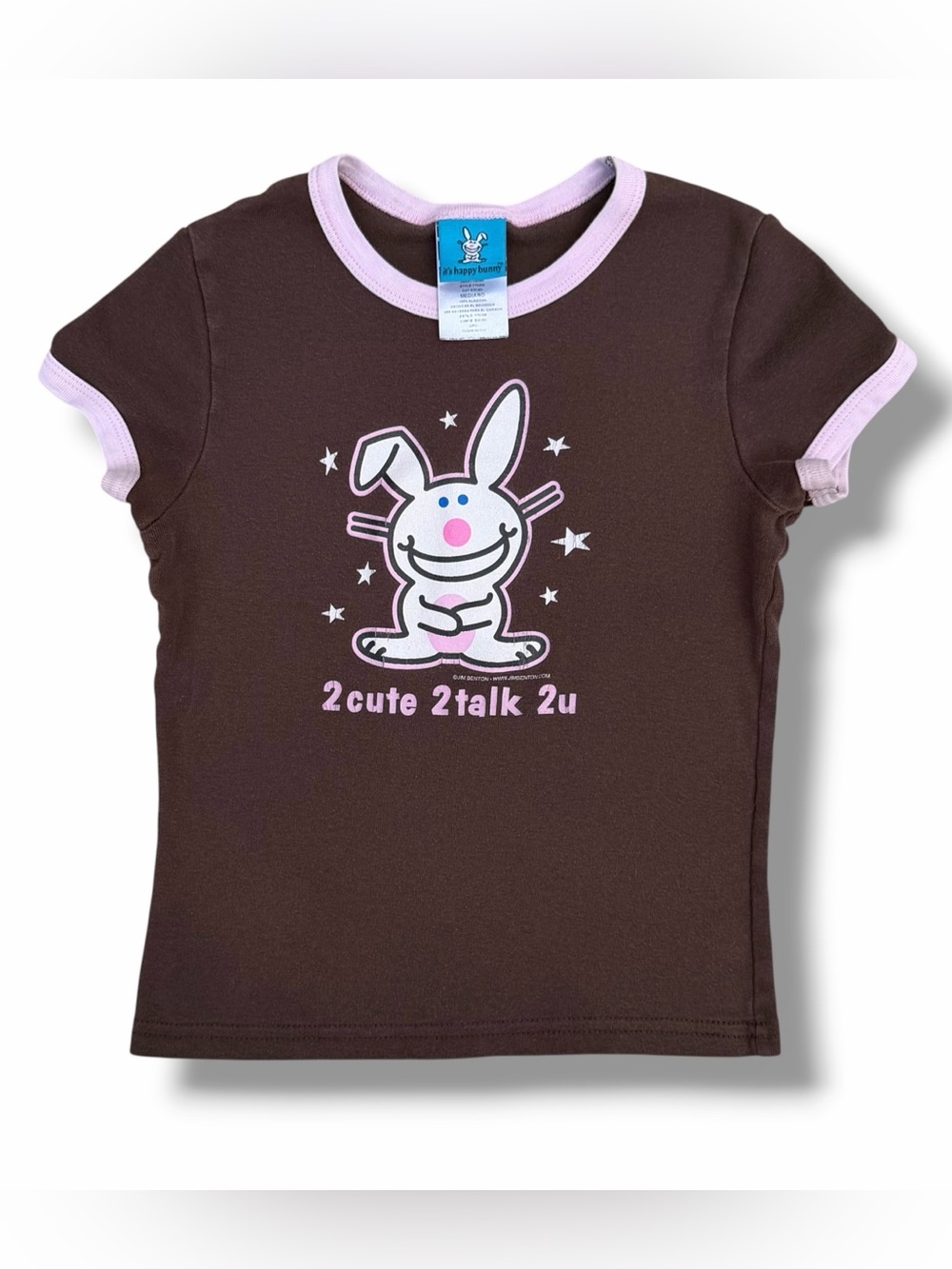 Vintage Y2K Happy Bunny Ringer T-Shirt Brown Youth Medium/Women’s XS Baby Tee
